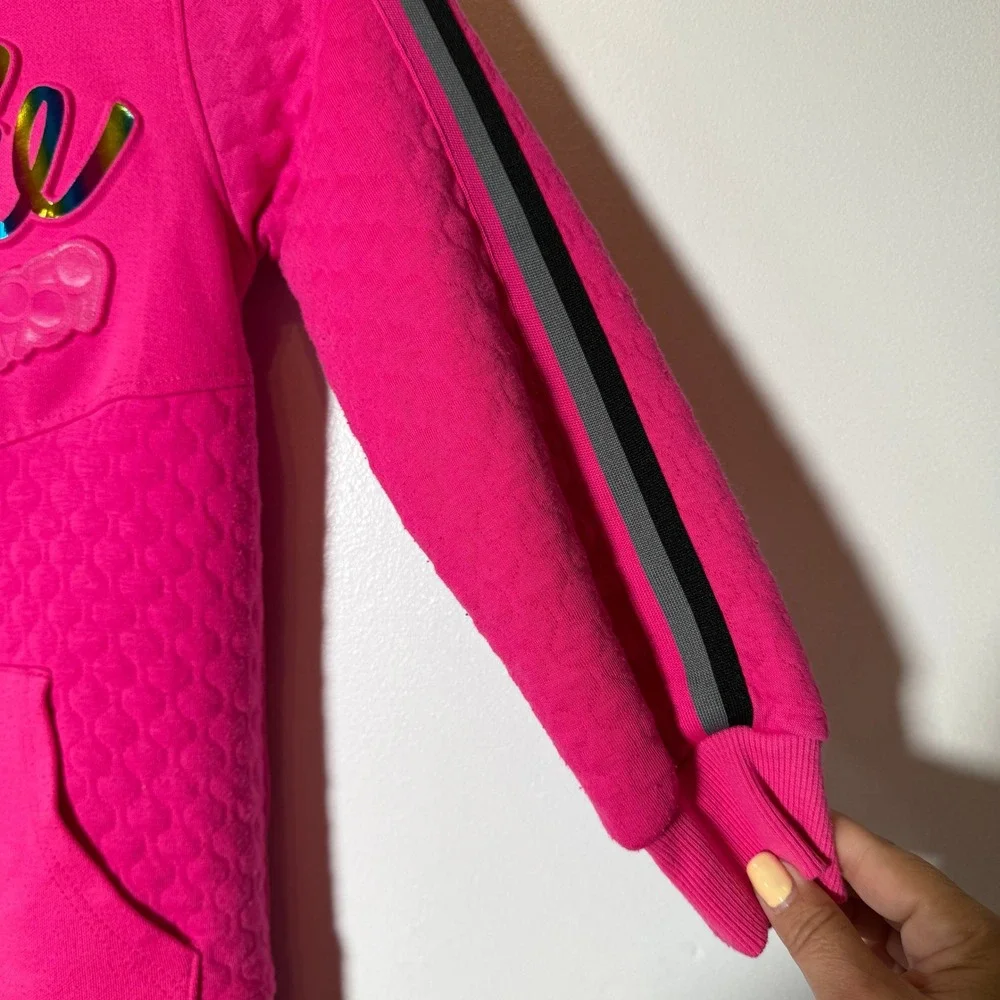 Barbie Pullover Hoodie Girls M 8 Pink Quilted Metallic Logo Sporty Sweatshirt‎